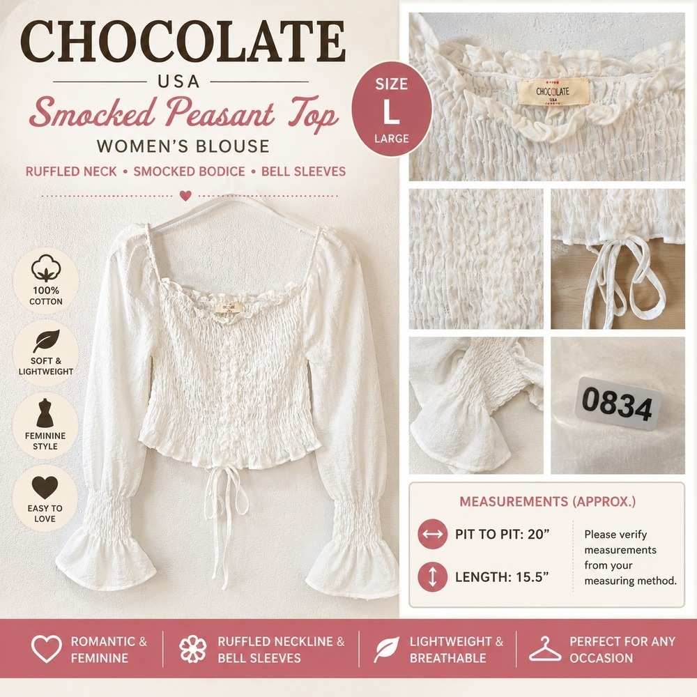 Chocolate USA White Smocked Crop Top Women's Large Peasant Boho Cottagecore Long